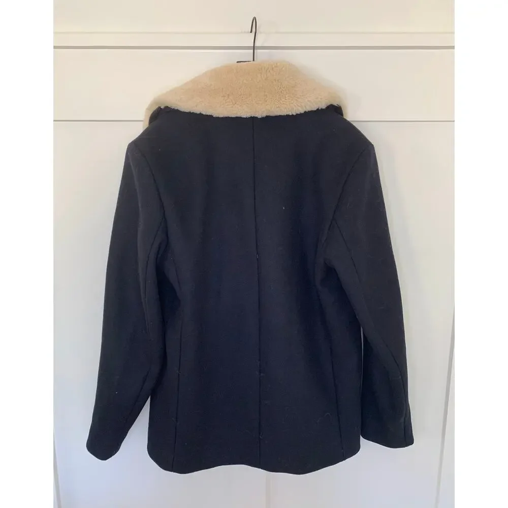 Sandro Mens Peacoat Sheepskin Collar in Marine Size XL 2-Button Front Pockets - Picture 3 of 5